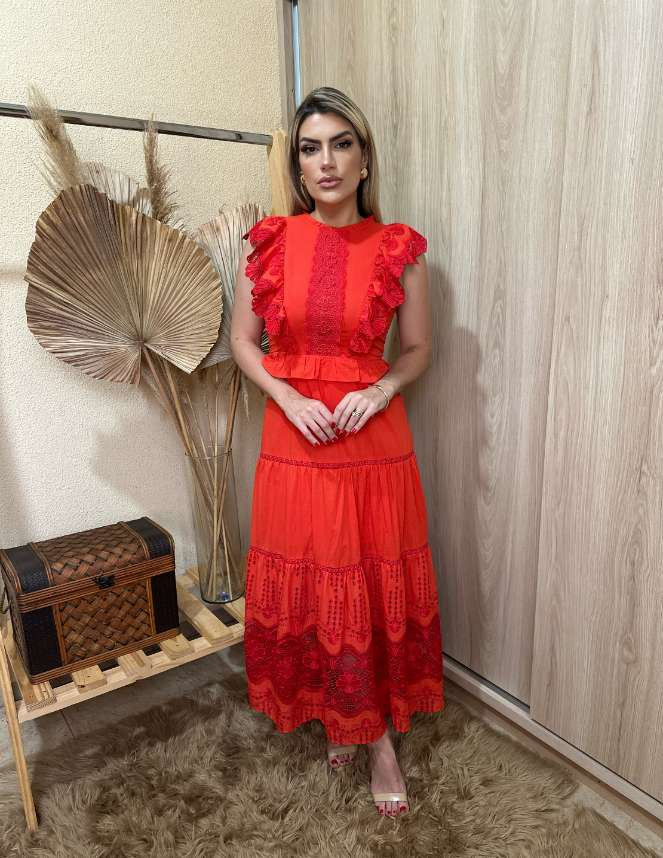 Vestido Renda Midi Vermelho